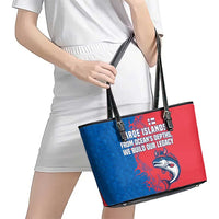 Faroe Islands Leather Tote Bag with Viking Fish Illustration Red Blue Runic Design - Wonder Print Shop