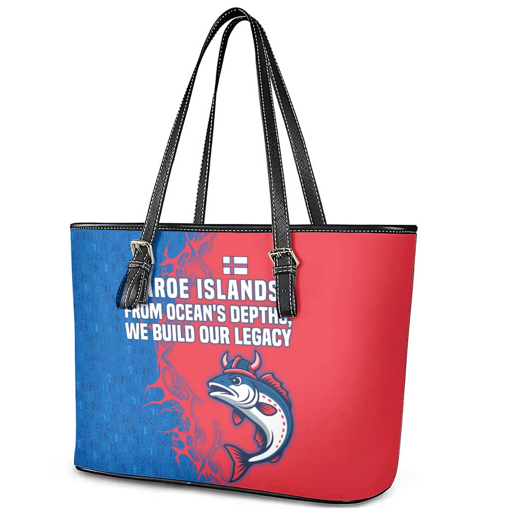 Faroe Islands Leather Tote Bag with Viking Fish Illustration Red Blue Runic Design - Wonder Print Shop