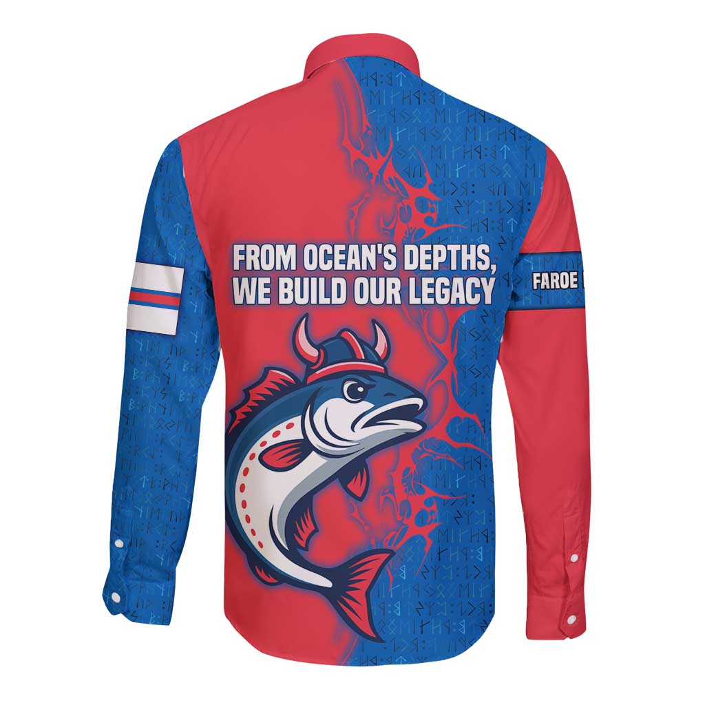 Faroe Islands Long Sleeve Button Shirt with Viking Fish Illustration Red Blue Runic Design - Wonder Print Shop