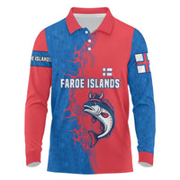 Faroe Islands Long Sleeve Polo Shirt with Viking Fish Illustration Red Blue Runic Design - Wonder Print Shop