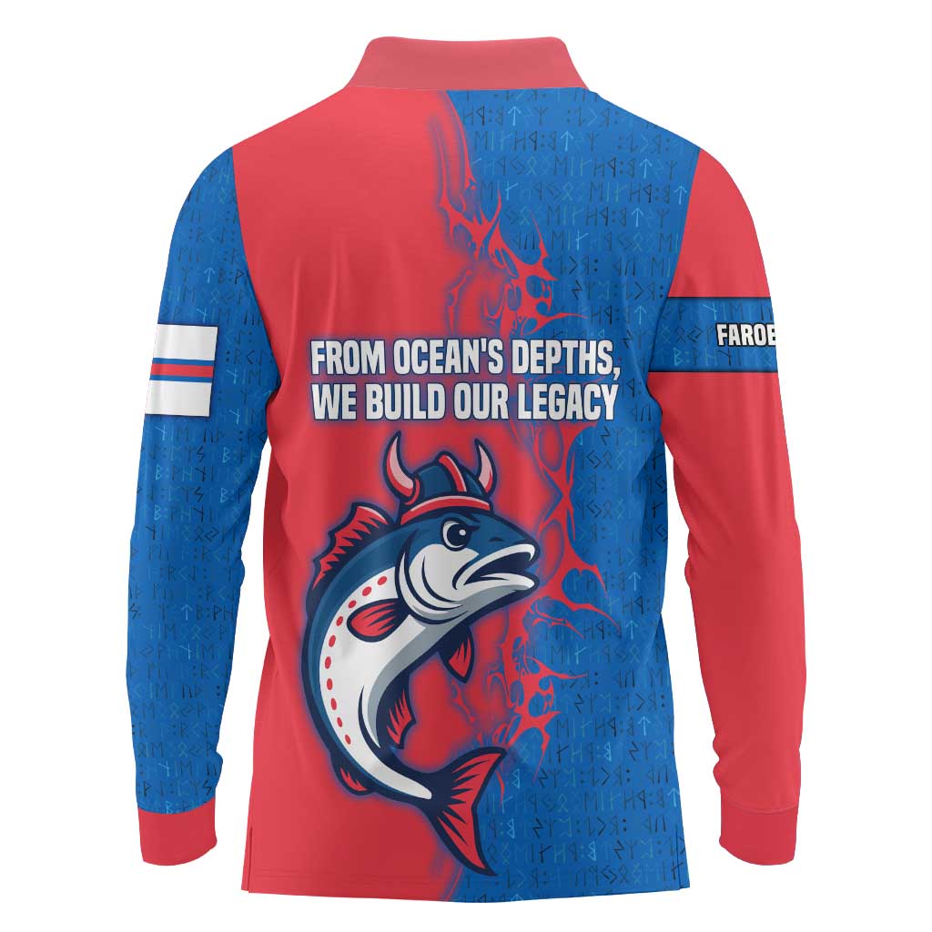 Faroe Islands Long Sleeve Polo Shirt with Viking Fish Illustration Red Blue Runic Design - Wonder Print Shop