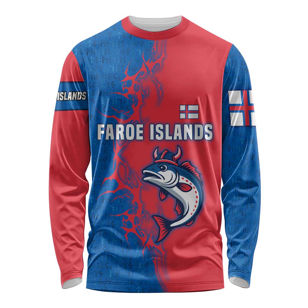Faroe Islands Long Sleeve Shirt with Viking Fish Illustration Red Blue Runic Design - Wonder Print Shop