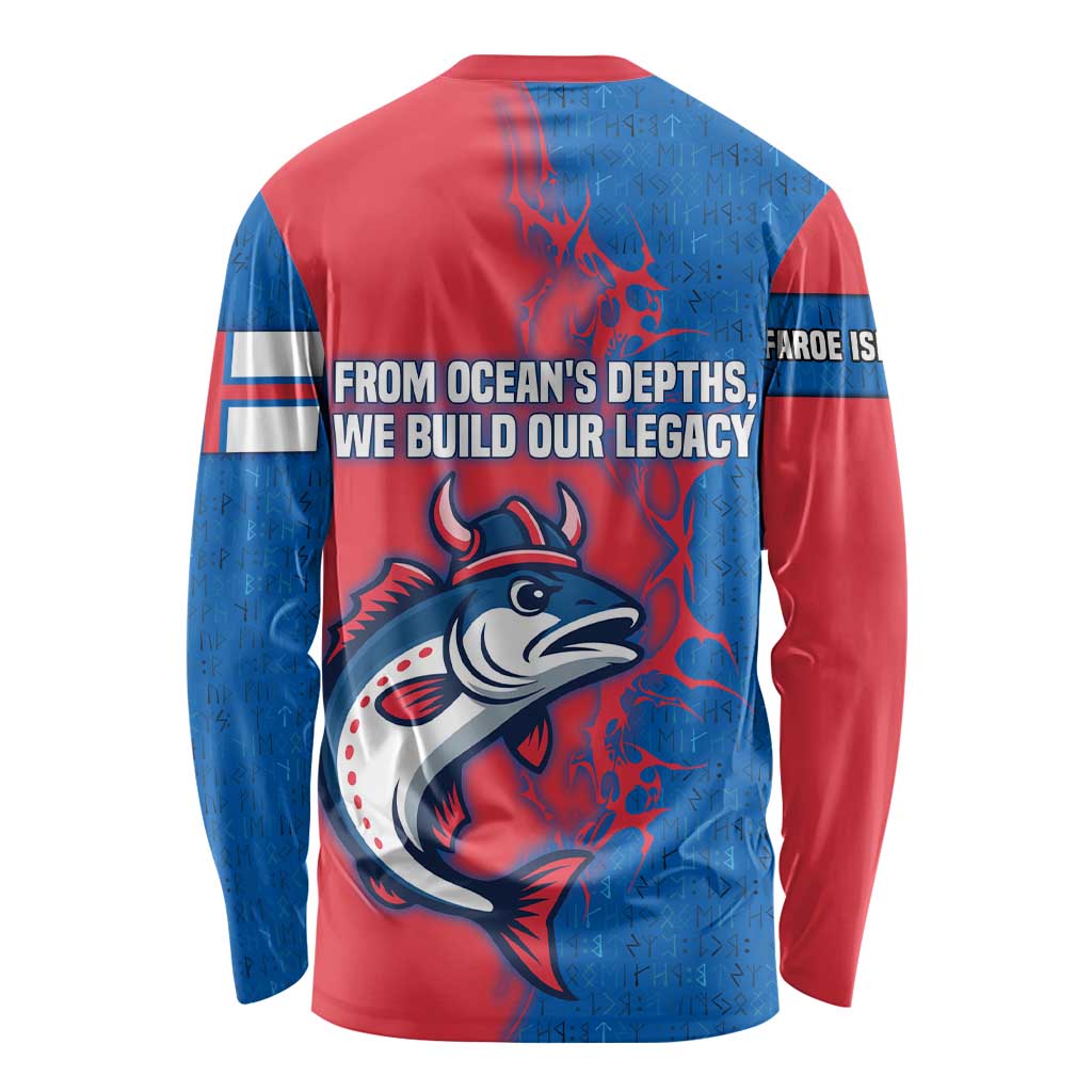 Faroe Islands Long Sleeve Shirt with Viking Fish Illustration Red Blue Runic Design - Wonder Print Shop