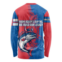 Faroe Islands Long Sleeve Shirt with Viking Fish Illustration Red Blue Runic Design - Wonder Print Shop