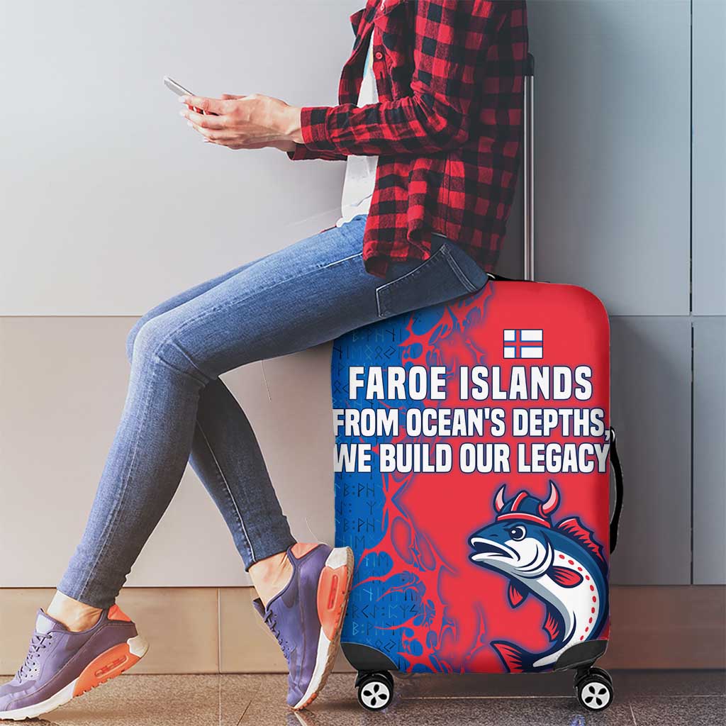 Faroe Islands Luggage Cover with Viking Fish Illustration Red Blue Runic Design - Wonder Print Shop