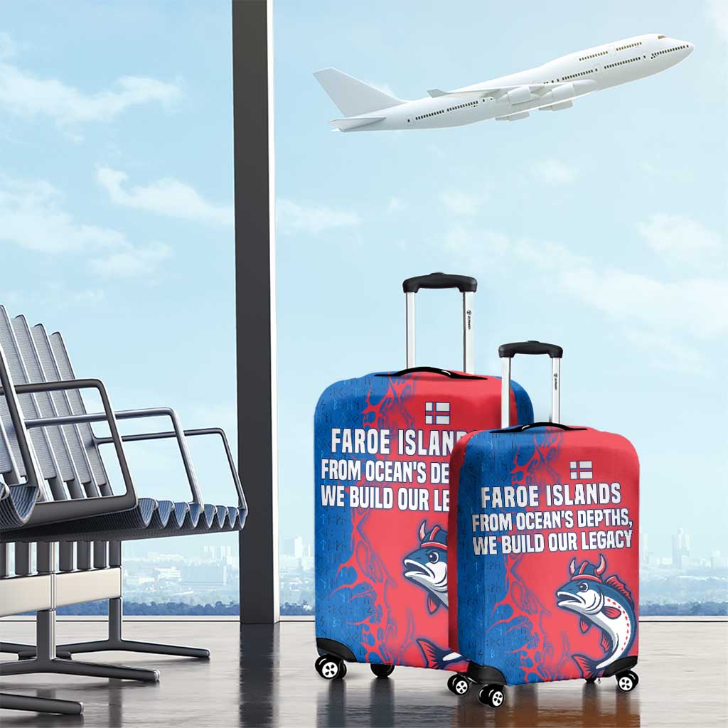 Faroe Islands Luggage Cover with Viking Fish Illustration Red Blue Runic Design - Wonder Print Shop