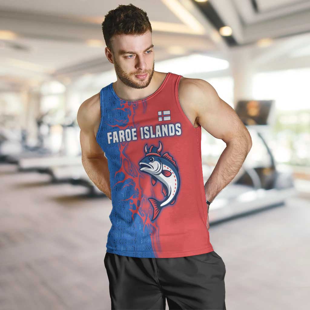 Faroe Islands Men Tank Top with Viking Fish Illustration Red Blue Runic Design - Wonder Print Shop