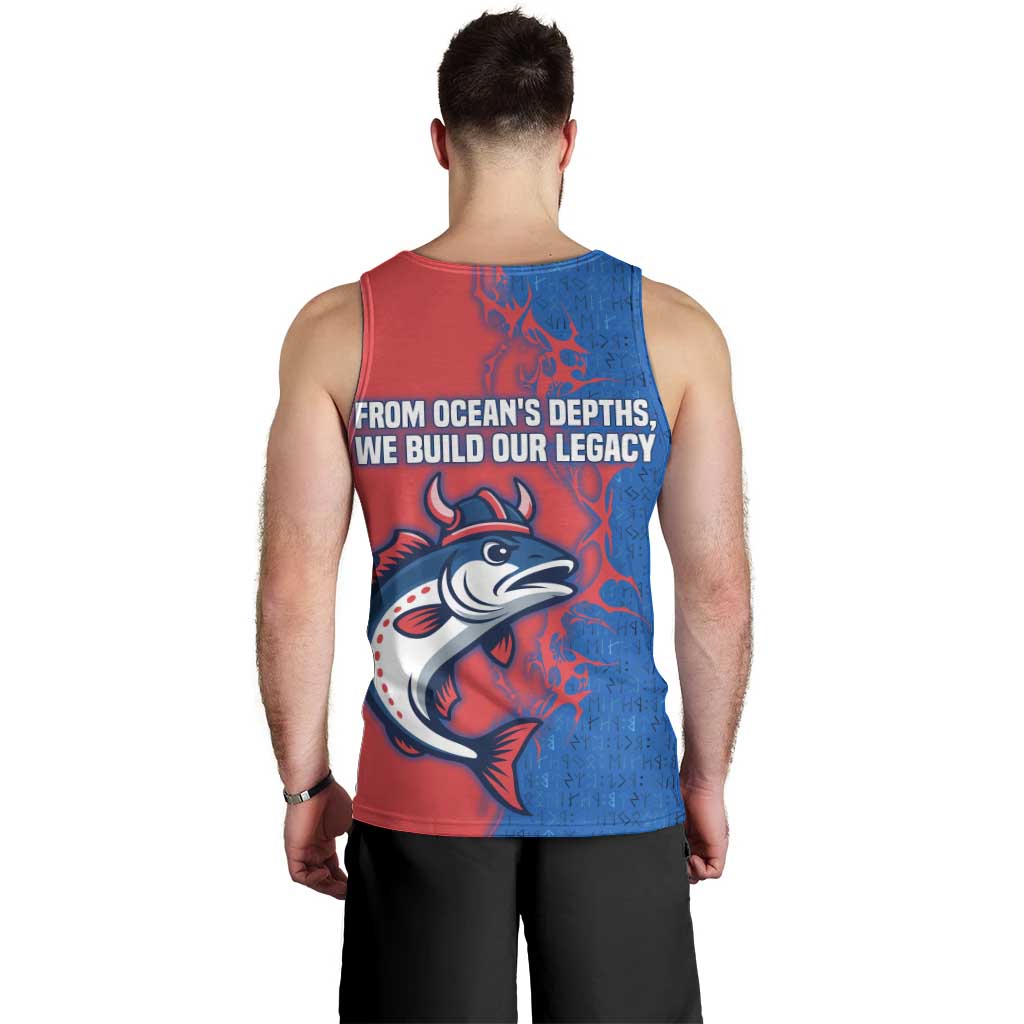 Faroe Islands Men Tank Top with Viking Fish Illustration Red Blue Runic Design - Wonder Print Shop