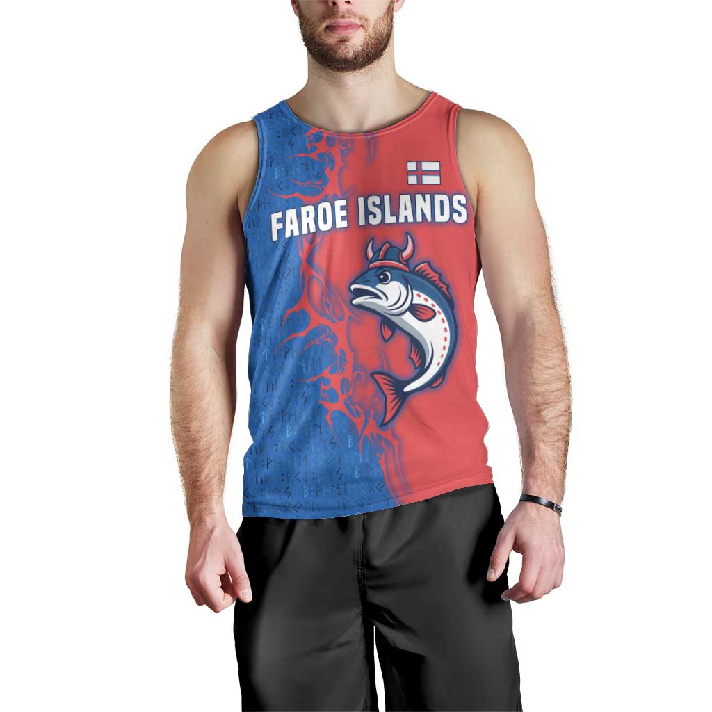 Faroe Islands Men Tank Top with Viking Fish Illustration Red Blue Runic Design - Wonder Print Shop