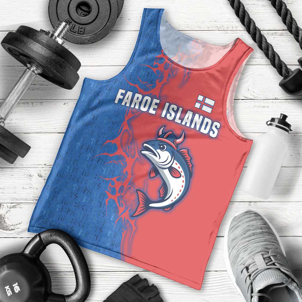 Faroe Islands Men Tank Top with Viking Fish Illustration Red Blue Runic Design - Wonder Print Shop