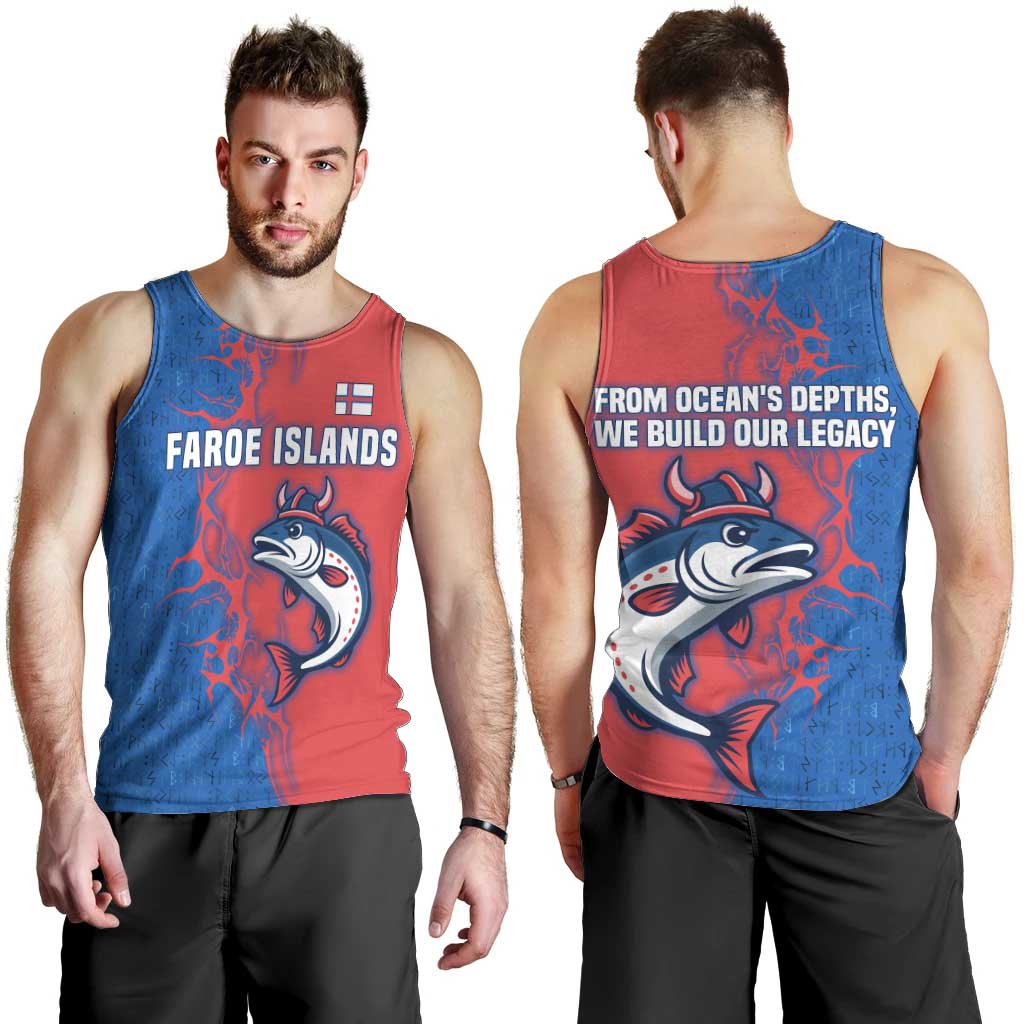 Faroe Islands Men Tank Top with Viking Fish Illustration Red Blue Runic Design - Wonder Print Shop