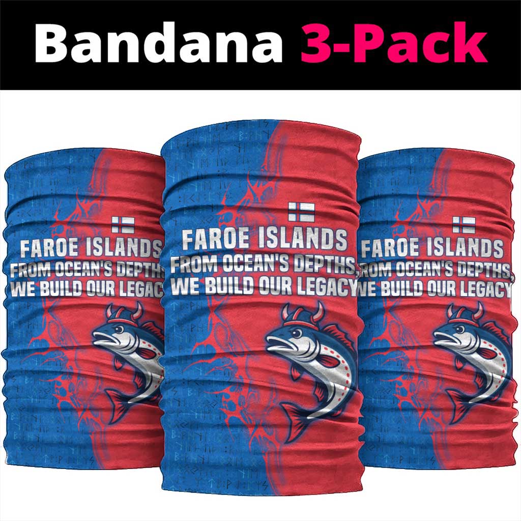 Faroe Islands Neck Gaiter with Viking Fish Illustration Red Blue Runic Design TS04