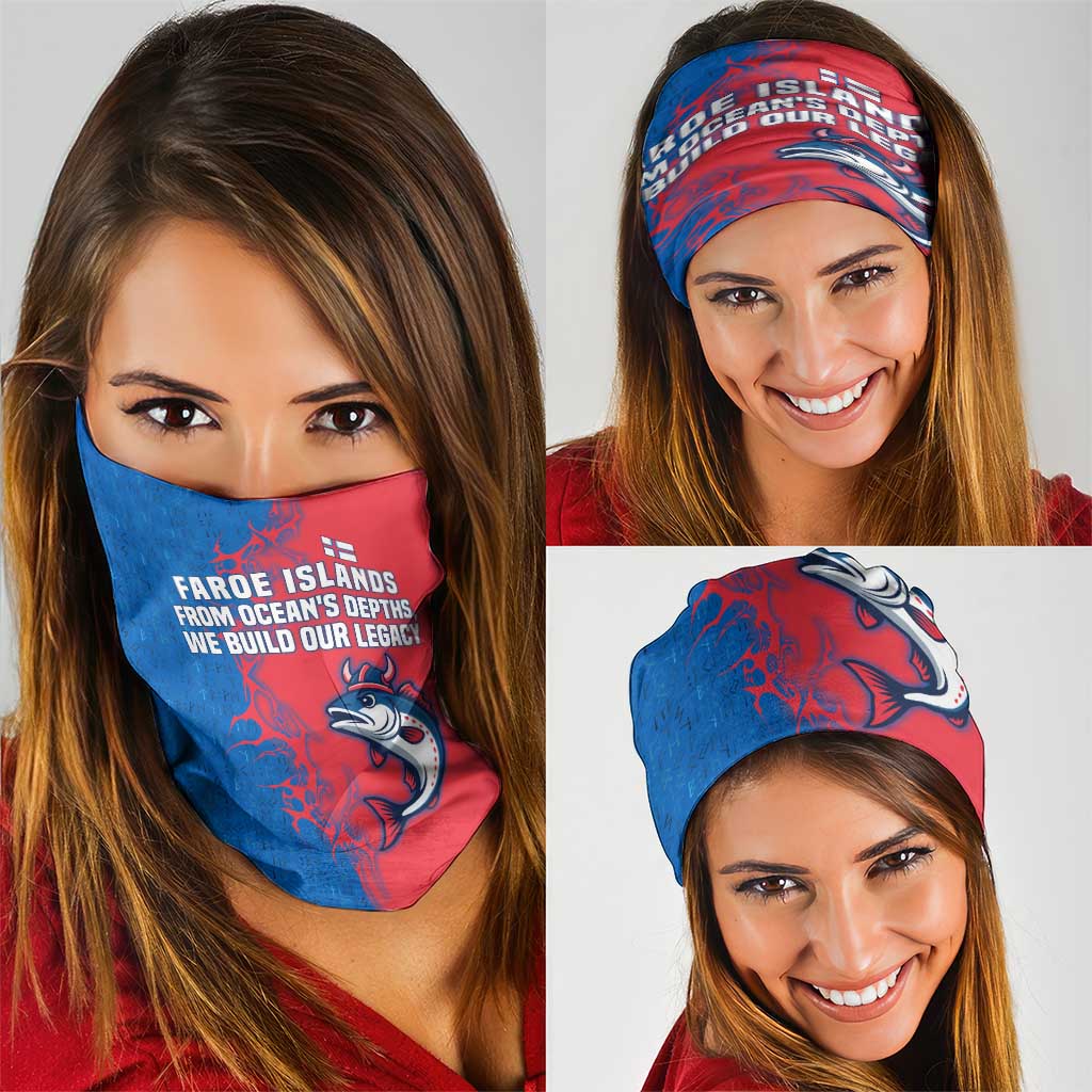 Faroe Islands Neck Gaiter with Viking Fish Illustration Red Blue Runic Design TS04