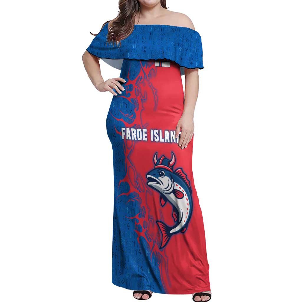 Faroe Islands Off Shoulder Maxi Dress with Viking Fish Illustration Red Blue Runic Design - Wonder Print Shop