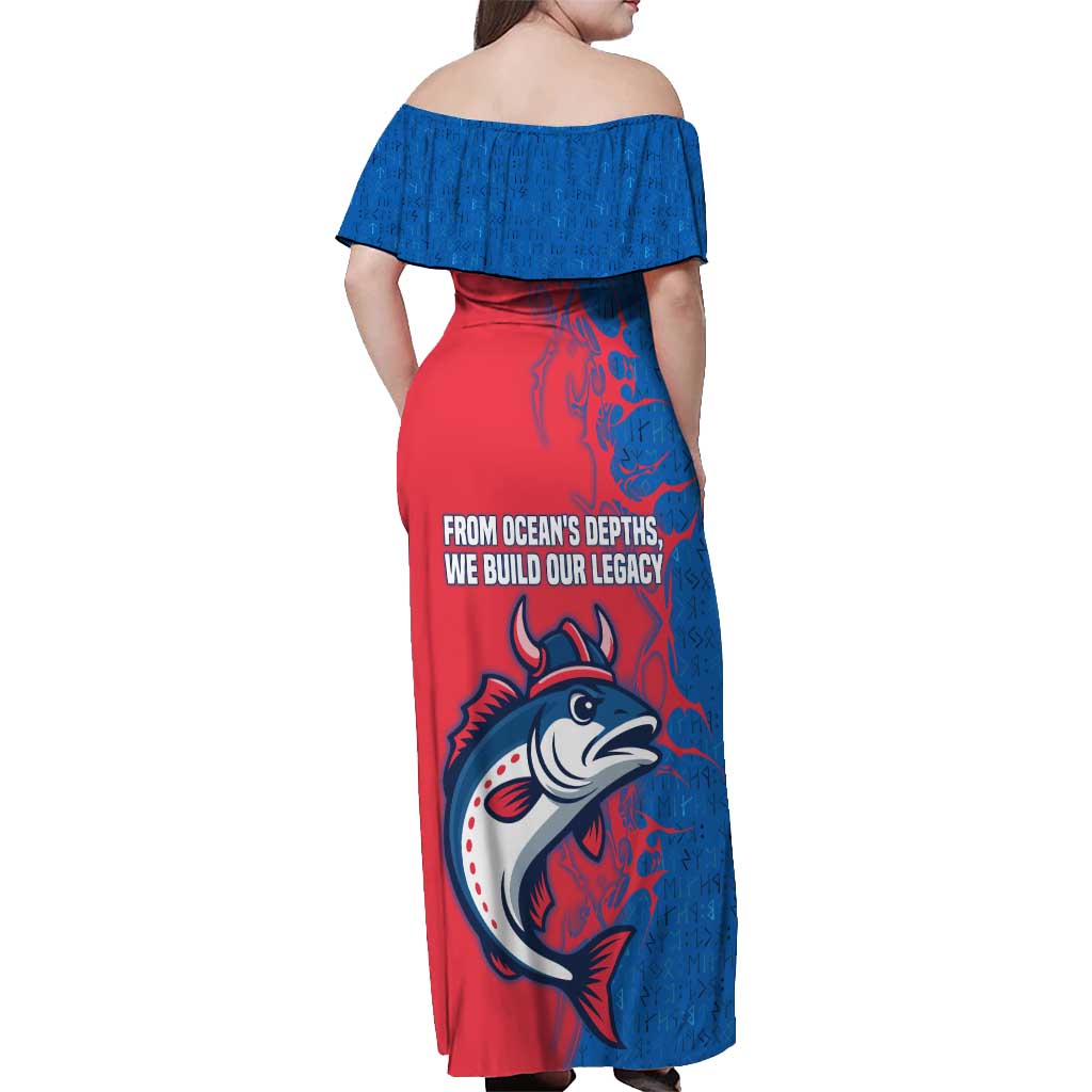 Faroe Islands Off Shoulder Maxi Dress with Viking Fish Illustration Red Blue Runic Design - Wonder Print Shop