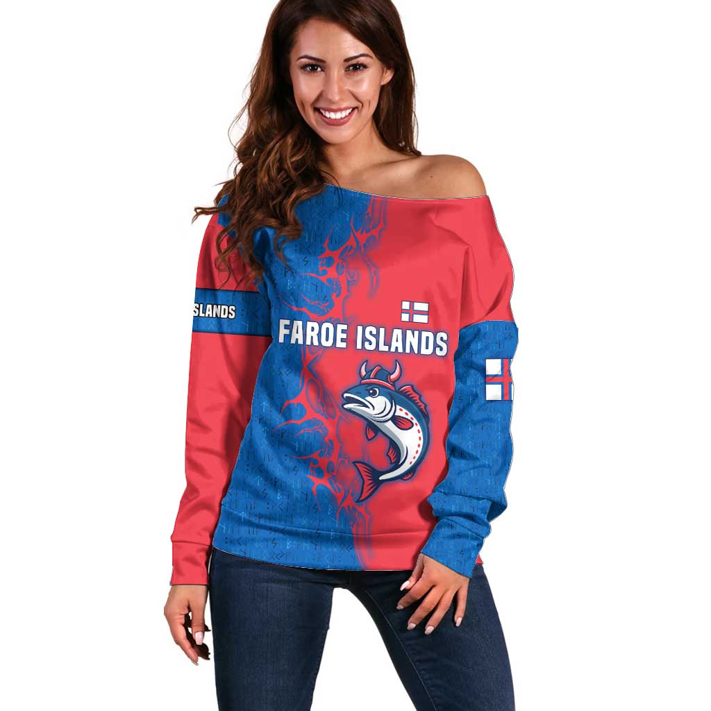 Faroe Islands Off Shoulder Sweater with Viking Fish Illustration Red Blue Runic Design - Wonder Print Shop