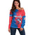Faroe Islands Off Shoulder Sweater with Viking Fish Illustration Red Blue Runic Design - Wonder Print Shop