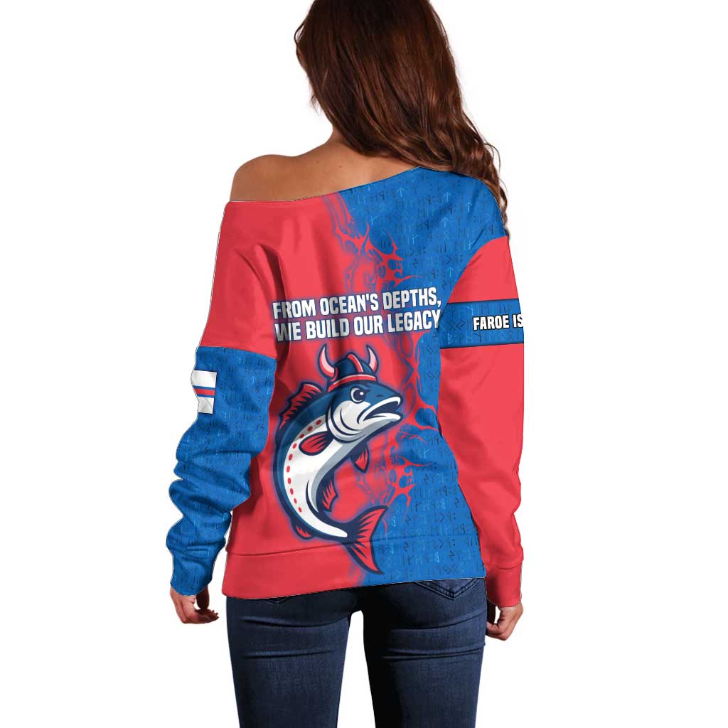 Faroe Islands Off Shoulder Sweater with Viking Fish Illustration Red Blue Runic Design - Wonder Print Shop