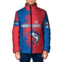 Faroe Islands Padded Jacket with Viking Fish Illustration Red Blue Runic Design - Wonder Print Shop