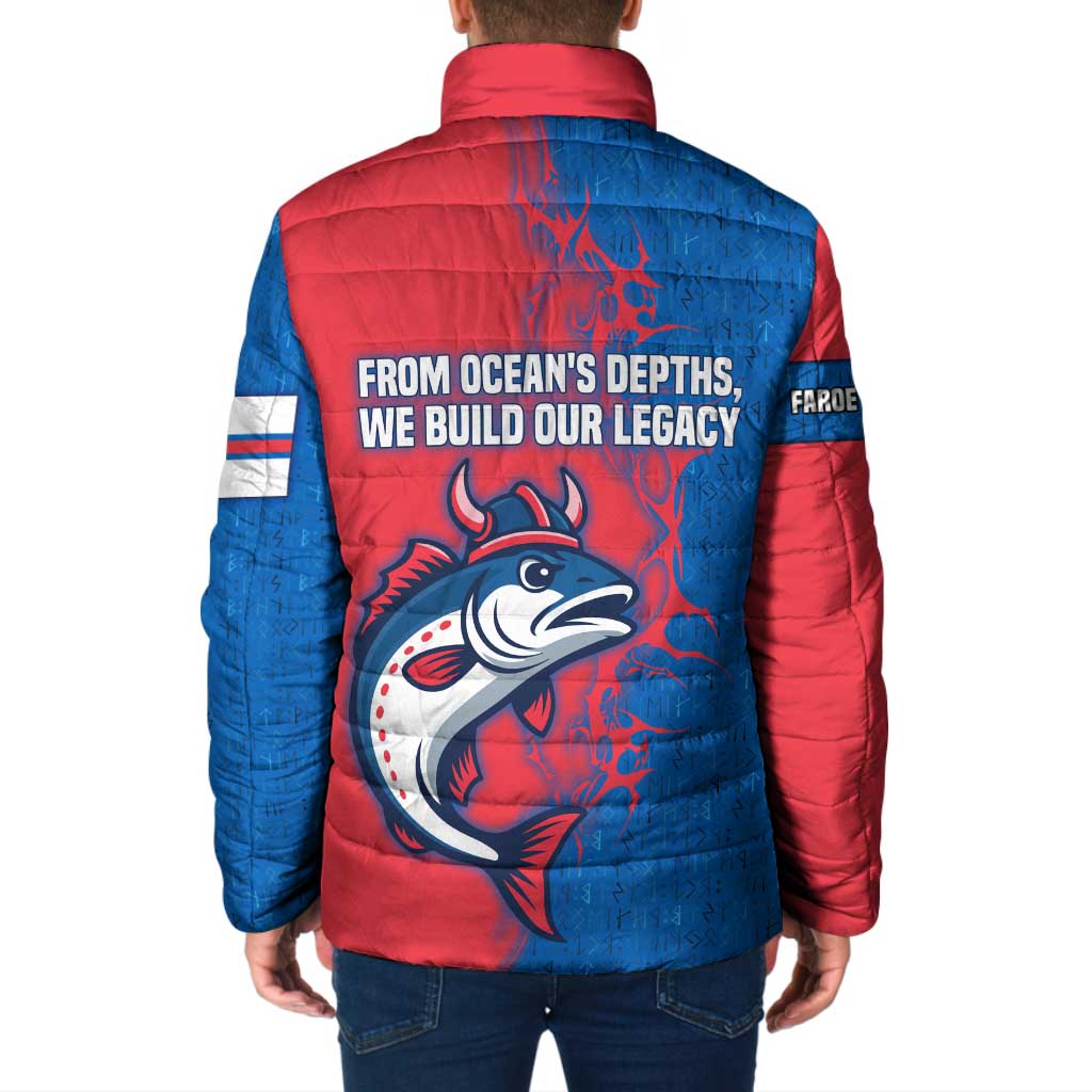 Faroe Islands Padded Jacket with Viking Fish Illustration Red Blue Runic Design - Wonder Print Shop