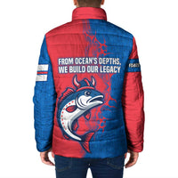 Faroe Islands Padded Jacket with Viking Fish Illustration Red Blue Runic Design - Wonder Print Shop
