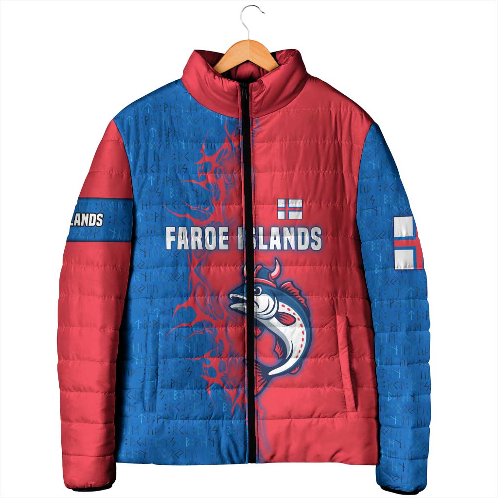 Faroe Islands Padded Jacket with Viking Fish Illustration Red Blue Runic Design - Wonder Print Shop