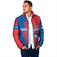 Faroe Islands Padded Jacket with Viking Fish Illustration Red Blue Runic Design - Wonder Print Shop