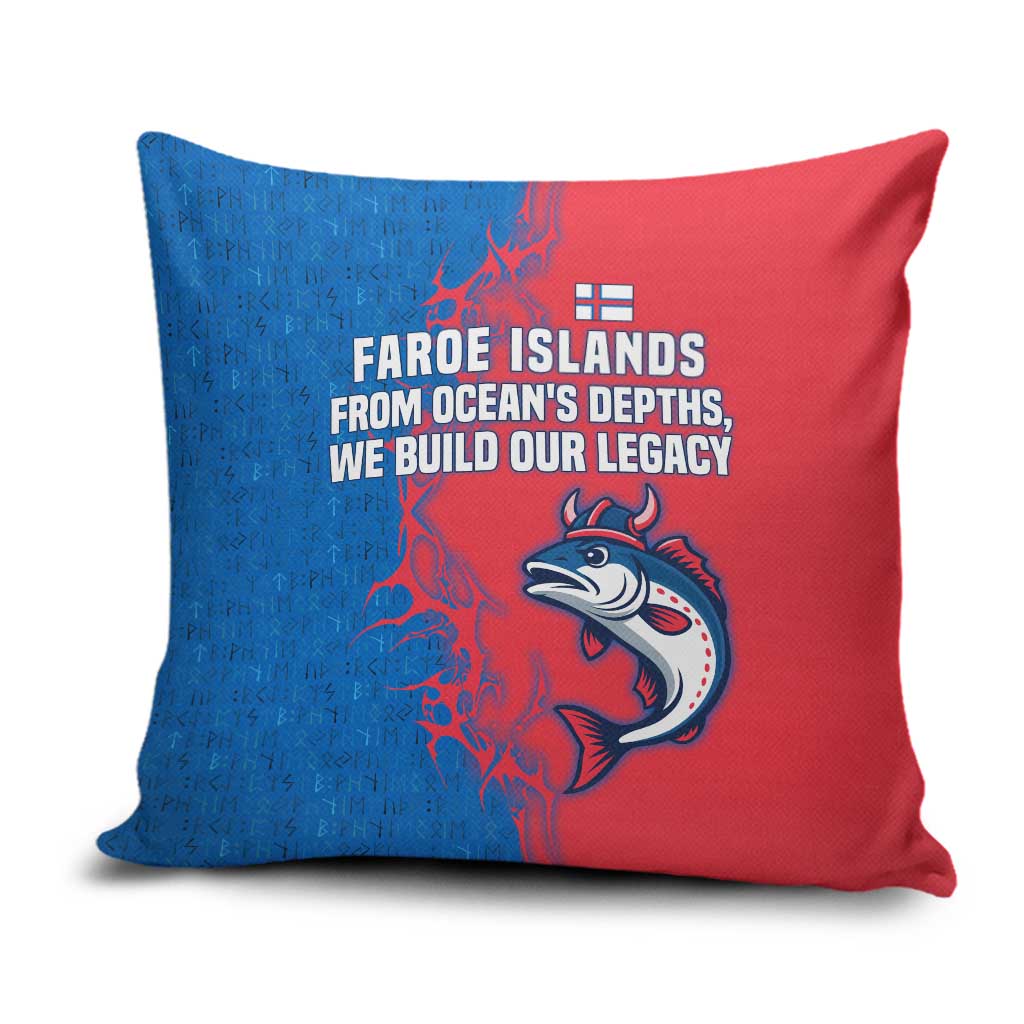 Faroe Islands Pillow Cover with Viking Fish Illustration Red Blue Runic Design - Wonder Print Shop