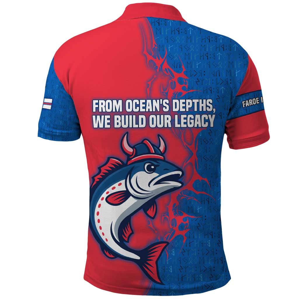 Faroe Islands Polo Shirt with Viking Fish Illustration Red Blue Runic Design - Wonder Print Shop