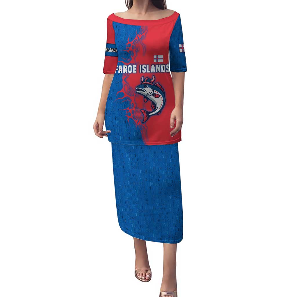 Faroe Islands Puletasi with Viking Fish Illustration Red Blue Runic Design - Wonder Print Shop