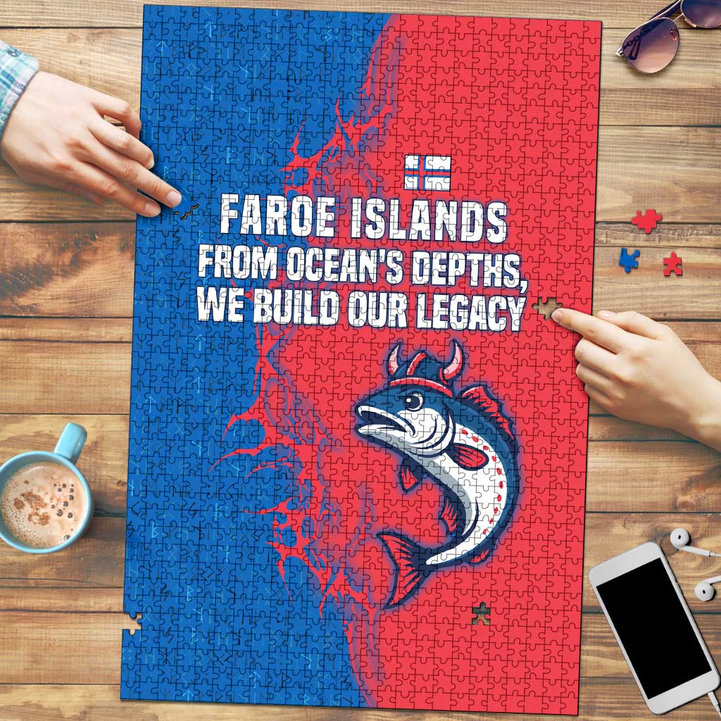 Faroe Islands Puzzle with Viking Fish Illustration Red Blue Runic Design - Wonder Print Shop