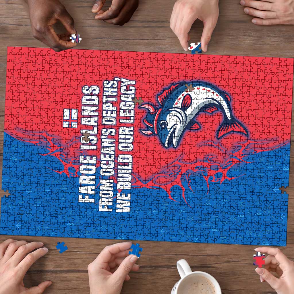 Faroe Islands Puzzle with Viking Fish Illustration Red Blue Runic Design - Wonder Print Shop