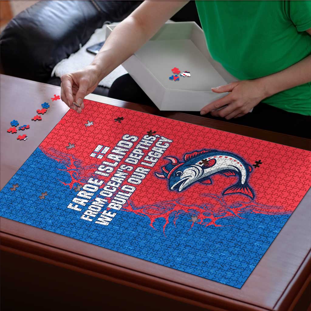 Faroe Islands Puzzle with Viking Fish Illustration Red Blue Runic Design - Wonder Print Shop