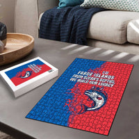 Faroe Islands Puzzle with Viking Fish Illustration Red Blue Runic Design - Wonder Print Shop