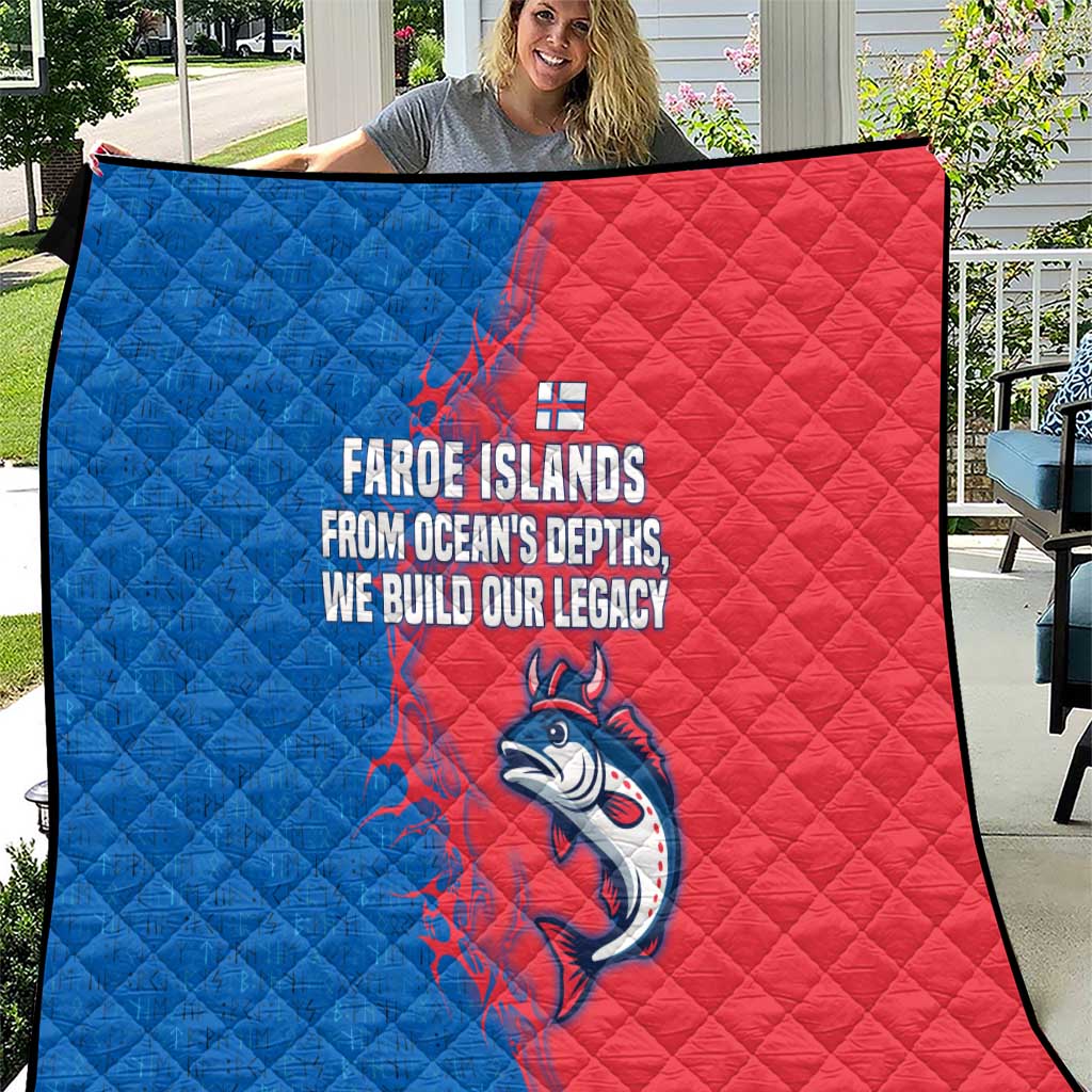 Faroe Islands Quilt with Viking Fish Illustration Red Blue Runic Design - Wonder Print Shop
