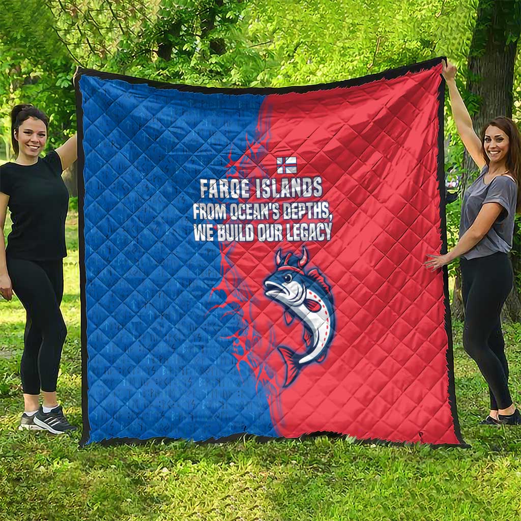 Faroe Islands Quilt with Viking Fish Illustration Red Blue Runic Design - Wonder Print Shop
