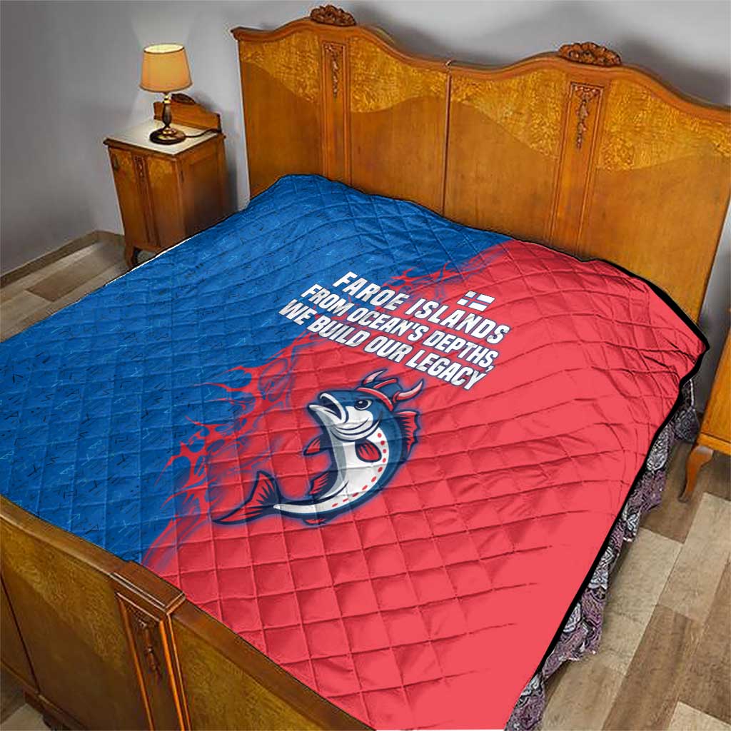 Faroe Islands Quilt with Viking Fish Illustration Red Blue Runic Design - Wonder Print Shop