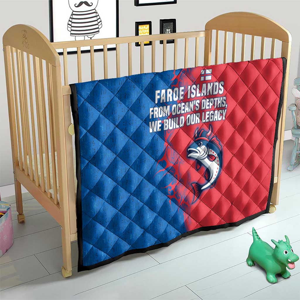 Faroe Islands Quilt with Viking Fish Illustration Red Blue Runic Design - Wonder Print Shop