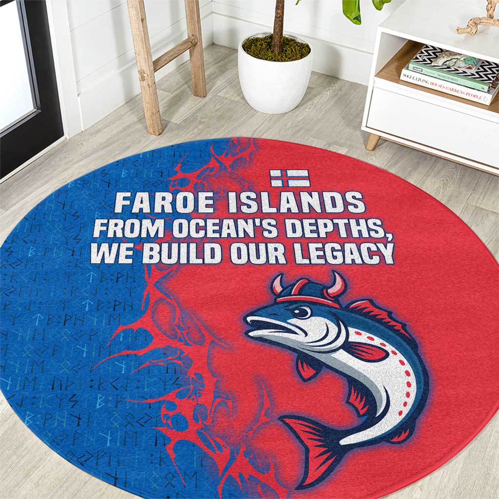 Faroe Islands Round Carpet with Viking Fish Illustration Red Blue Runic Design - Wonder Print Shop