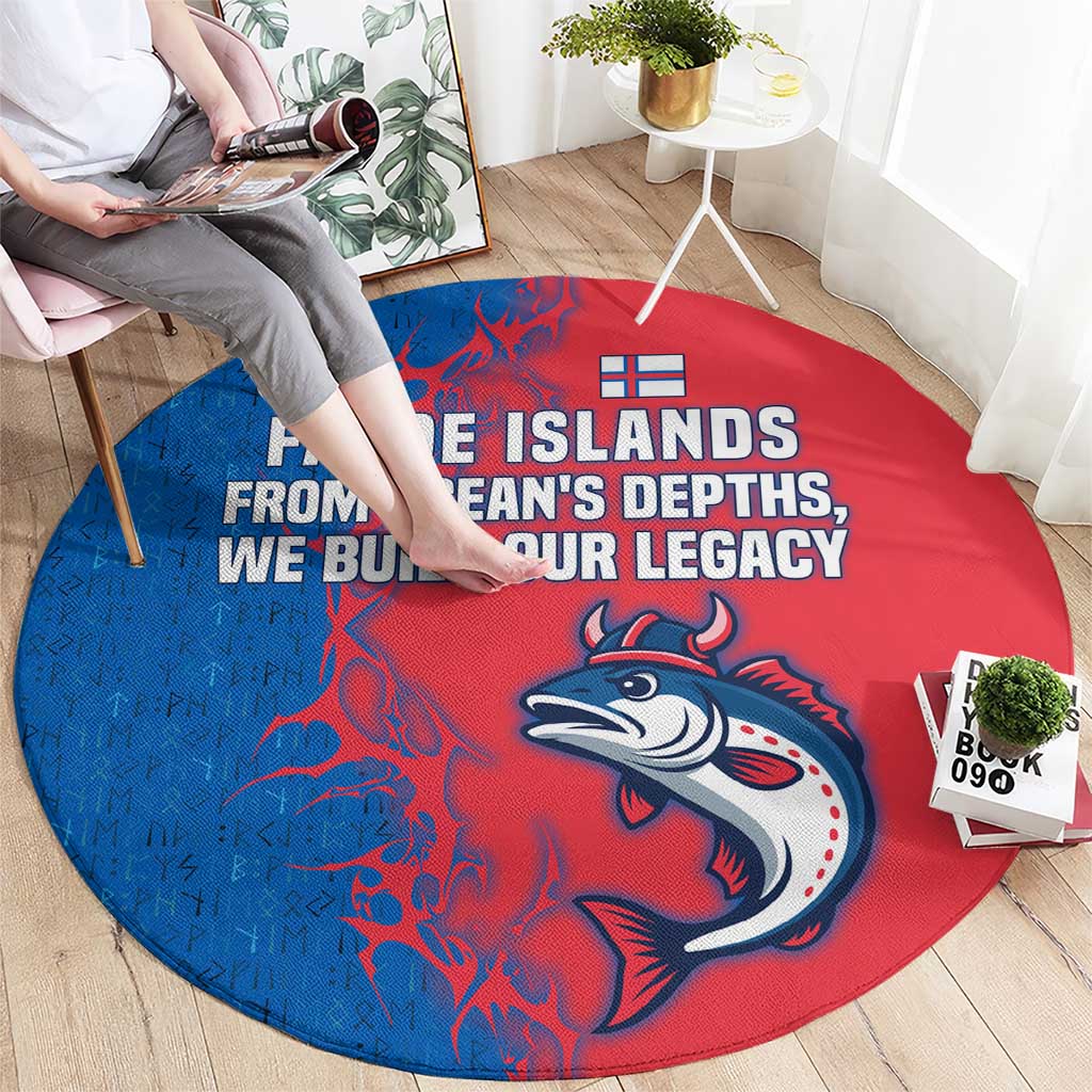 Faroe Islands Round Carpet with Viking Fish Illustration Red Blue Runic Design - Wonder Print Shop