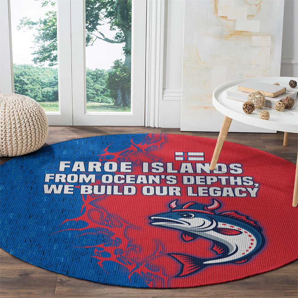 Faroe Islands Round Carpet with Viking Fish Illustration Red Blue Runic Design - Wonder Print Shop