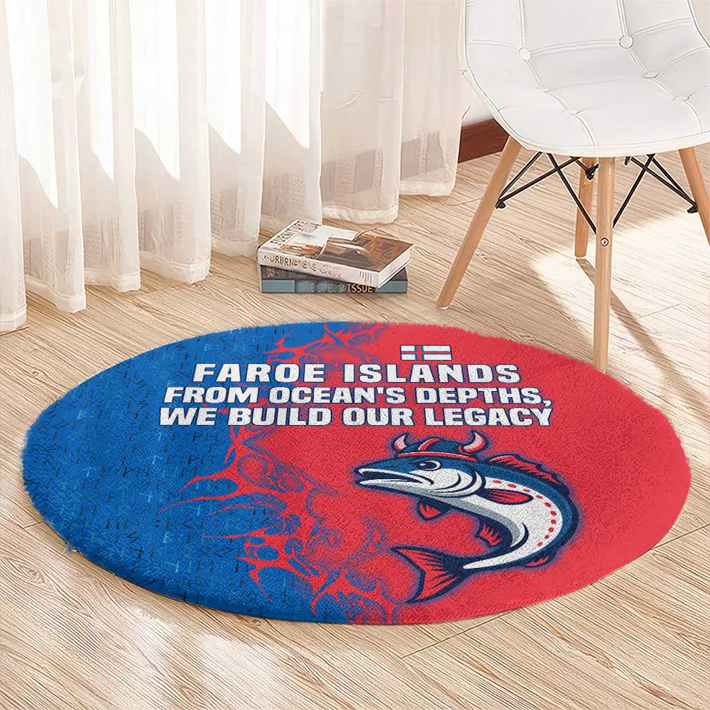 Faroe Islands Round Carpet with Viking Fish Illustration Red Blue Runic Design - Wonder Print Shop