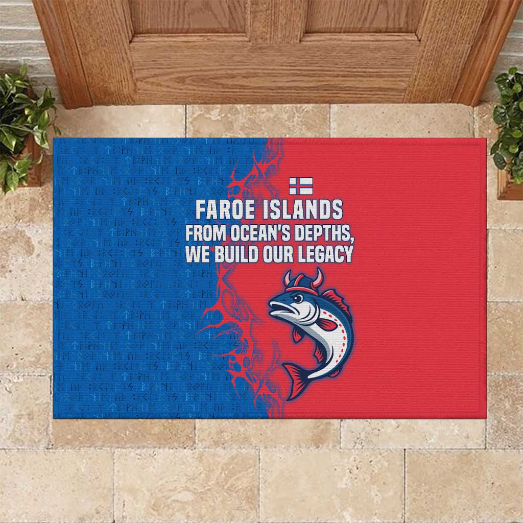 Faroe Islands Rubber Doormat with Viking Fish Illustration Red Blue Runic Design - Wonder Print Shop