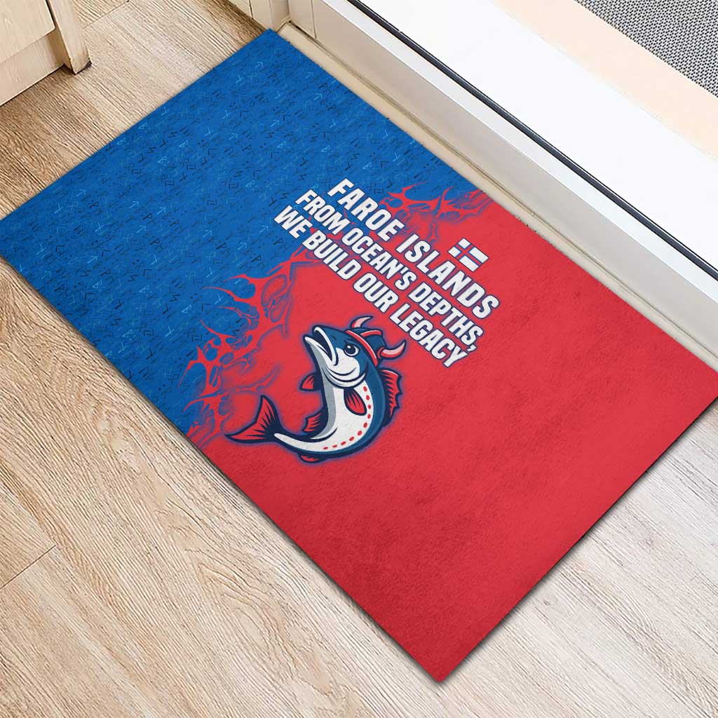 Faroe Islands Rubber Doormat with Viking Fish Illustration Red Blue Runic Design - Wonder Print Shop