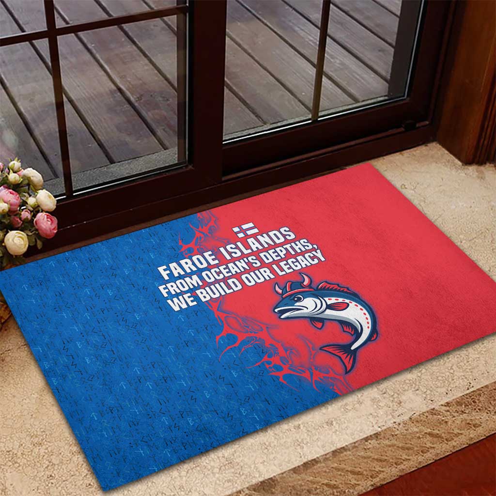 Faroe Islands Rubber Doormat with Viking Fish Illustration Red Blue Runic Design - Wonder Print Shop