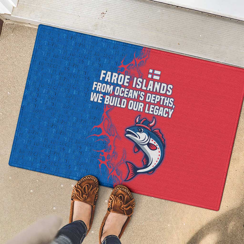 Faroe Islands Rubber Doormat with Viking Fish Illustration Red Blue Runic Design - Wonder Print Shop