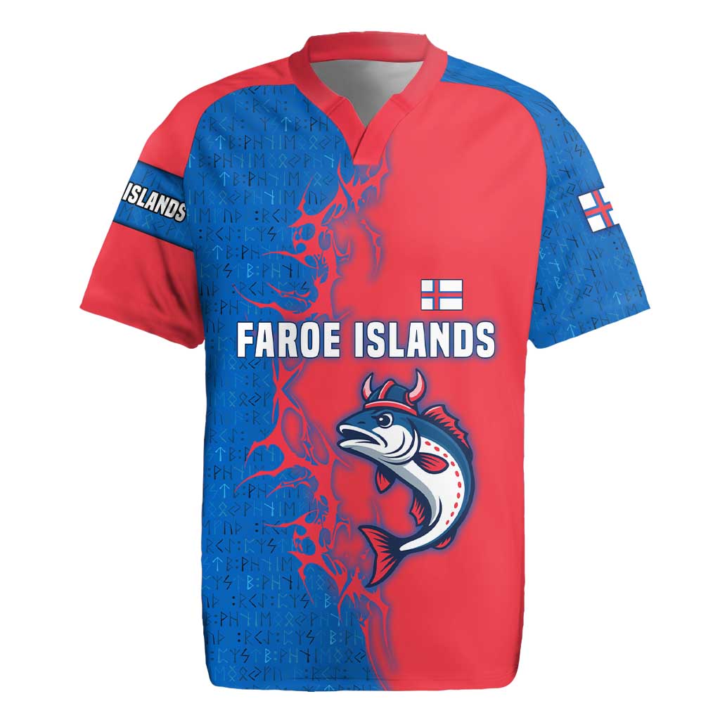 Faroe Islands Rugby Jersey with Viking Fish Illustration Red Blue Runic Design - Wonder Print Shop