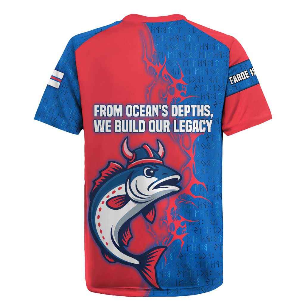 Faroe Islands Rugby Jersey with Viking Fish Illustration Red Blue Runic Design - Wonder Print Shop