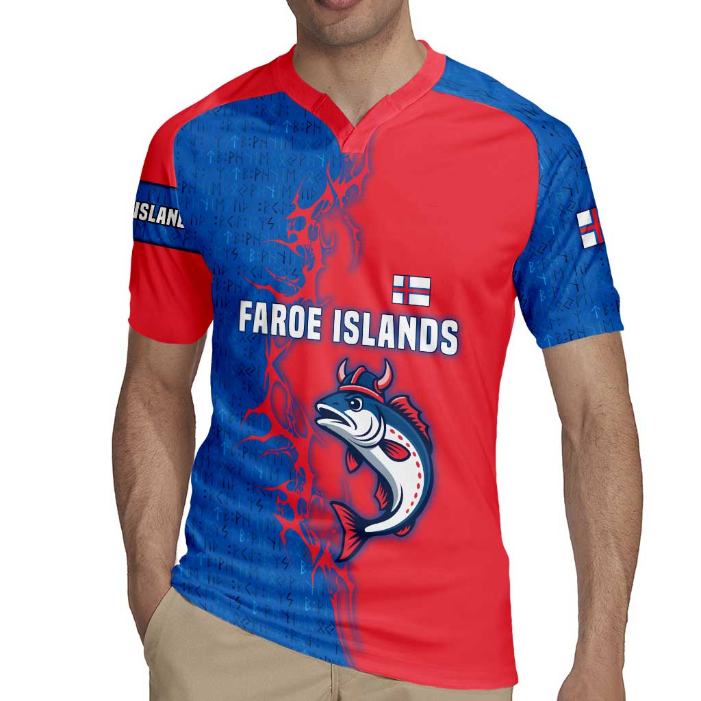 Faroe Islands Rugby Jersey with Viking Fish Illustration Red Blue Runic Design - Wonder Print Shop