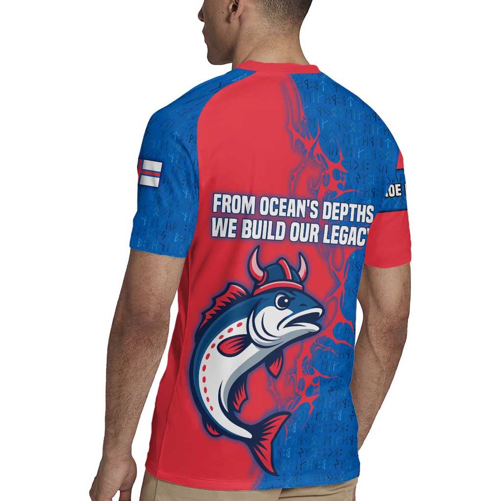 Faroe Islands Rugby Jersey with Viking Fish Illustration Red Blue Runic Design - Wonder Print Shop